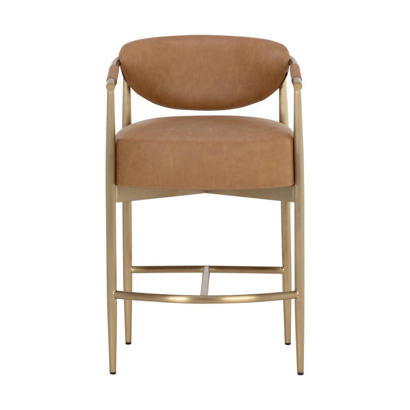 Cognac Brown Faux Leather & Gold Metal Counter Stool