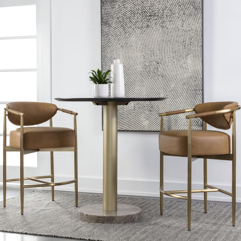 Cognac Brown Faux Leather & Gold Metal Counter Stool