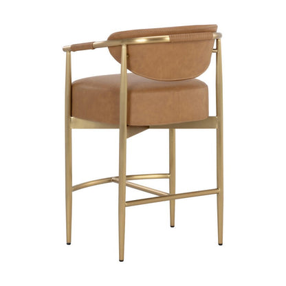 Cognac Brown Faux Leather & Gold Metal Counter Stool