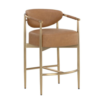 Cognac Brown Faux Leather & Gold Metal Counter Stool