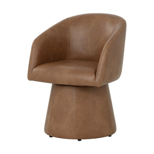 Cognac Brown Fully Upholstered Faux Leather Swivel Dining Chair Pedestal Armchair