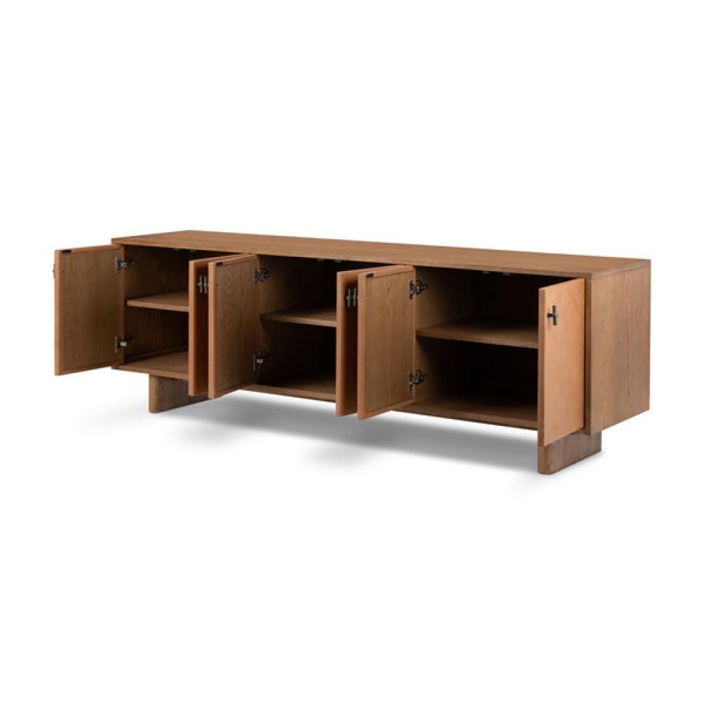 Cognac Brown Leather Wrapped Oak Wood Media Console Storage Cabinet 78 inch