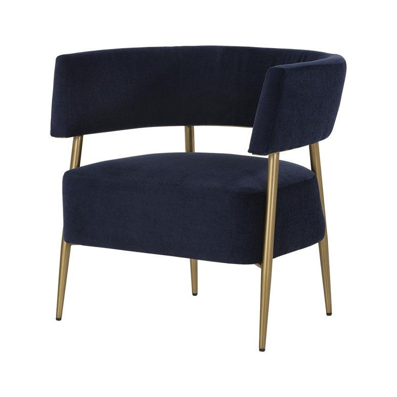 Contemporary Barrel Back Lounge Chair Navy Blue Fabric & Brass Legs