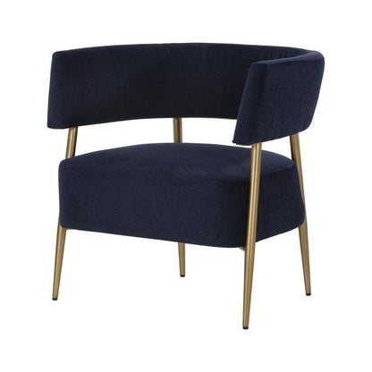 Contemporary Barrel Back Lounge Chair Navy Blue Fabric & Brass Legs