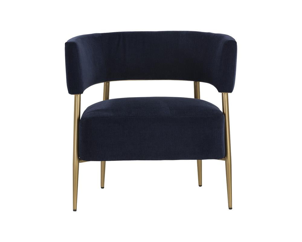 Contemporary Barrel Back Lounge Chair Navy Blue Fabric & Brass Legs