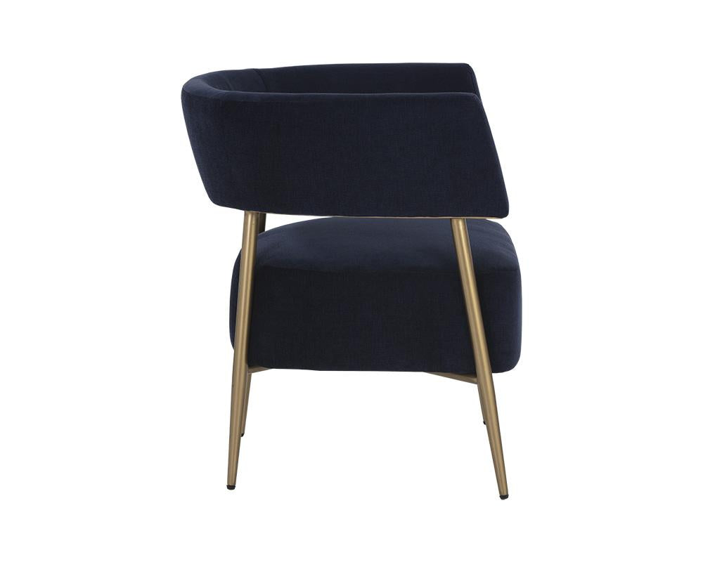 Contemporary Barrel Back Lounge Chair Navy Blue Fabric & Brass Legs