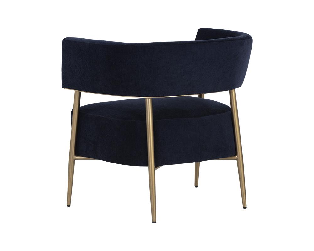 Contemporary Barrel Back Lounge Chair Navy Blue Fabric & Brass Legs