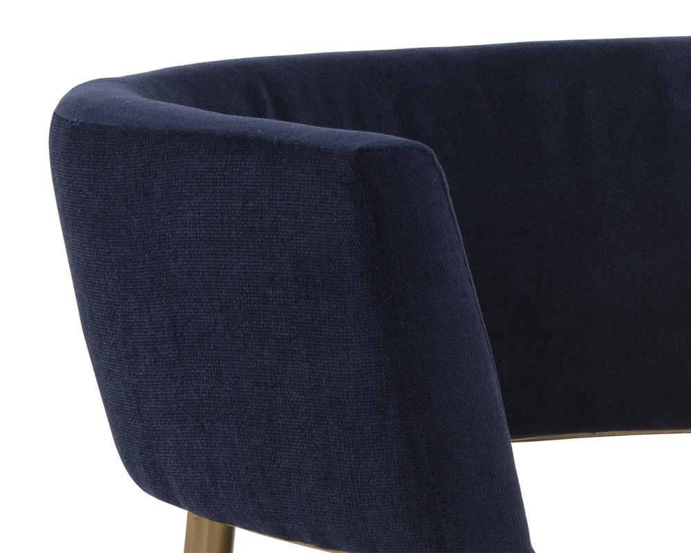 Contemporary Barrel Back Lounge Chair Navy Blue Fabric & Brass Legs