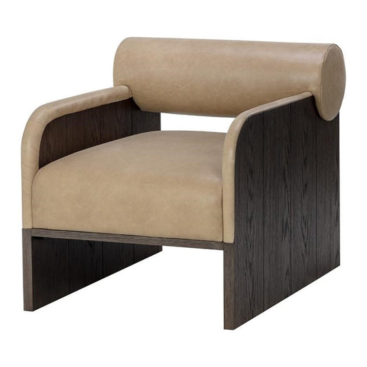 Contemporary Sand Leather Rolled Back Lounge Chair Armchair Dark Brown Oak