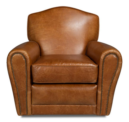 Cuba Brown Leather French Club Swivel Chair with Brass Nailheads