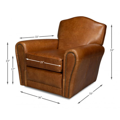 Cuba Brown Leather French Club Swivel Chair with Brass Nailheads