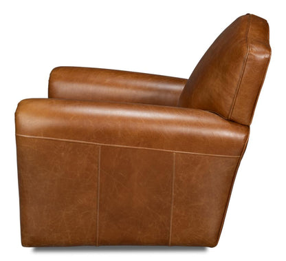 Cuba Brown Leather French Club Swivel Chair with Brass Nailheads