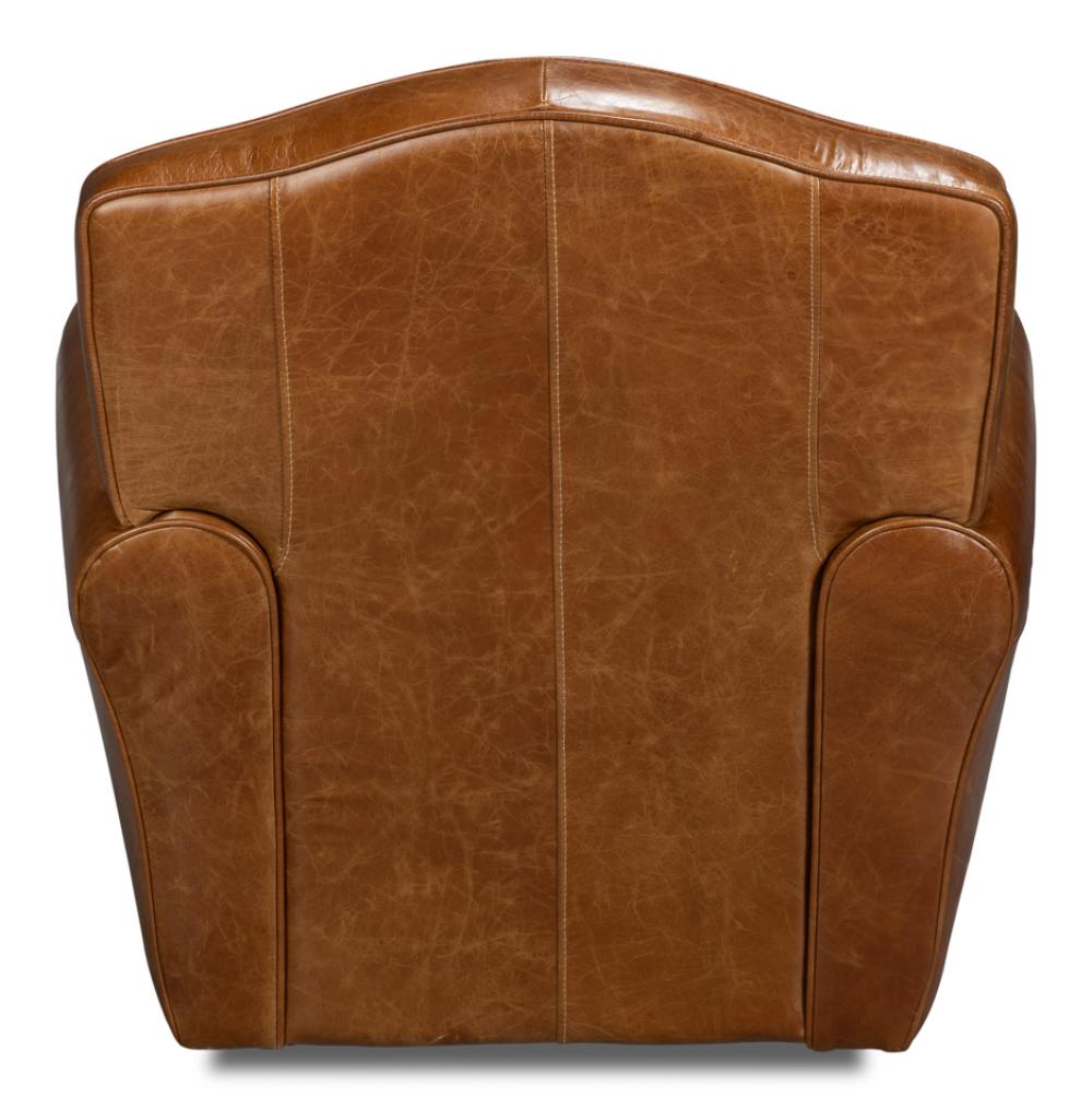 Cuba Brown Leather French Club Swivel Chair with Brass Nailheads