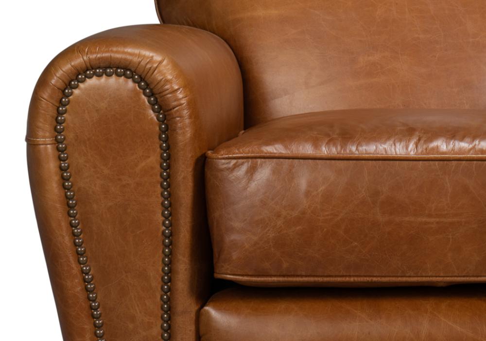 Cuba Brown Leather French Club Swivel Chair with Brass Nailheads