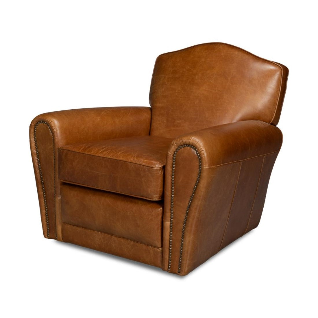 Cuba Brown Leather French Club Swivel Chair with Brass Nailheads