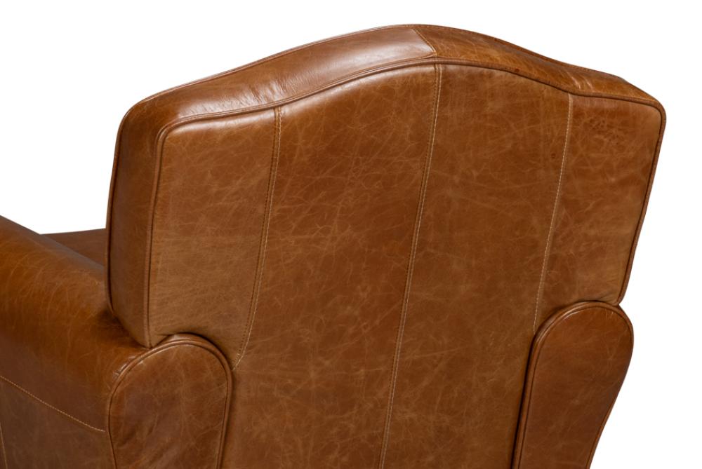 Cuba Brown Leather French Club Swivel Chair with Brass Nailheads