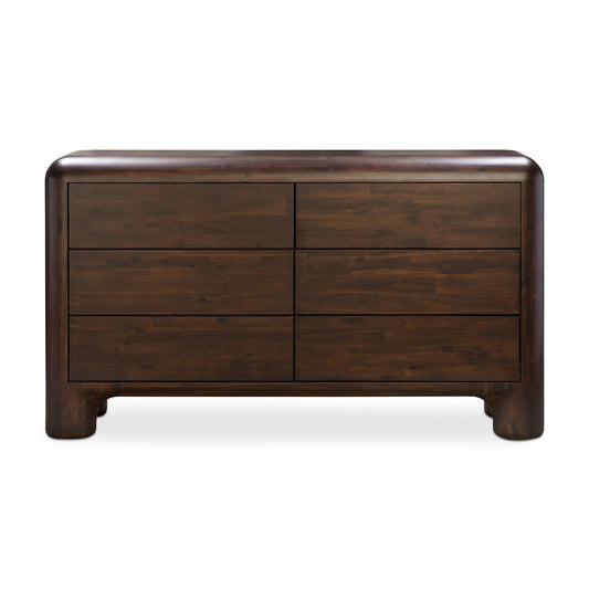 Curved 6 Drawer Double Dresser Dark Brown Acacia Wood 58 inch