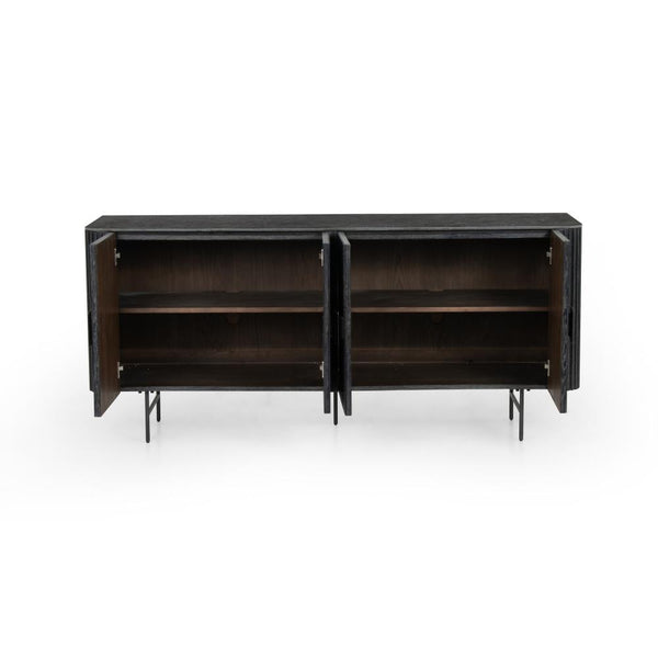 Curved and Slatted Bluestone Top Sideboard in Washed Black Oak 71 inch