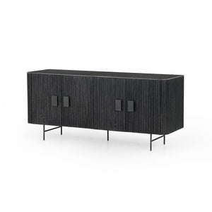 Curved and Slatted Bluestone Top Sideboard in Washed Black Oak 71 inch