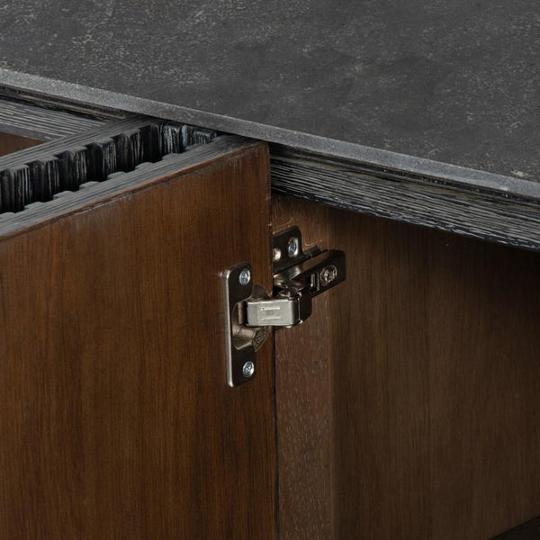 Curved and Slatted Bluestone Top Sideboard in Washed Black Oak 71 inch