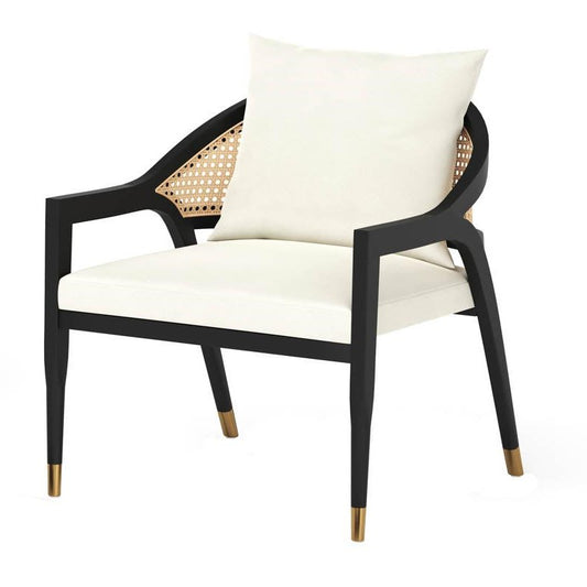 Curved Cane Back Ivory Fabric Lounge Chair Black Solid Birch Wood Frame Armchair