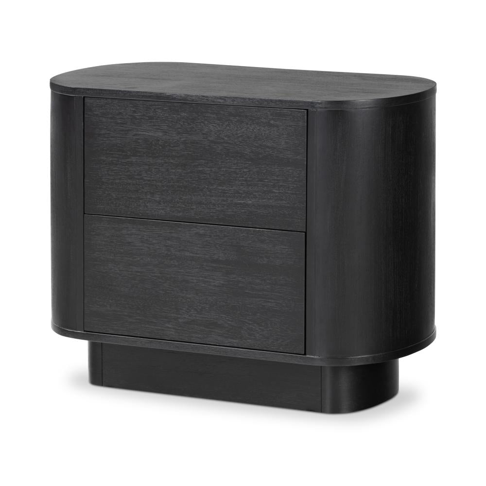 Curved Pedestal Two Drawer Nightstand Aged Black Acacia Wood 32 inch