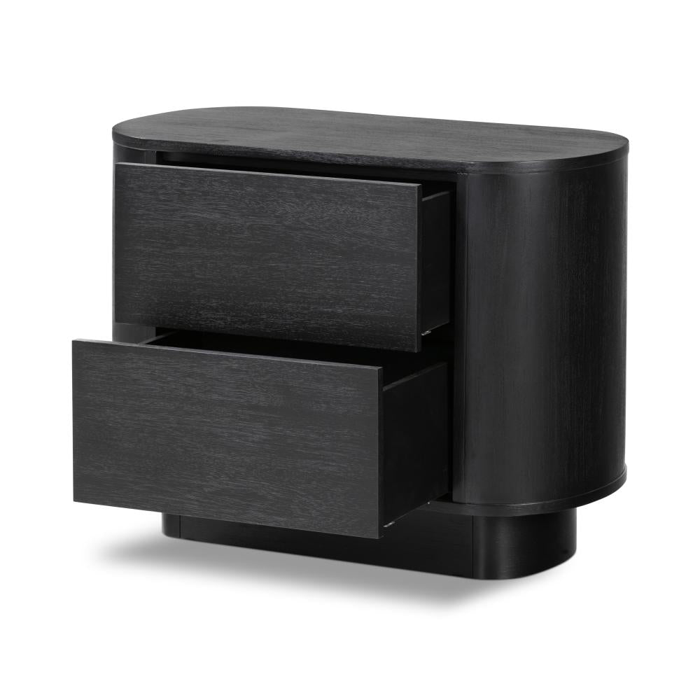 Curved Pedestal Two Drawer Nightstand Aged Black Acacia Wood 32 inch