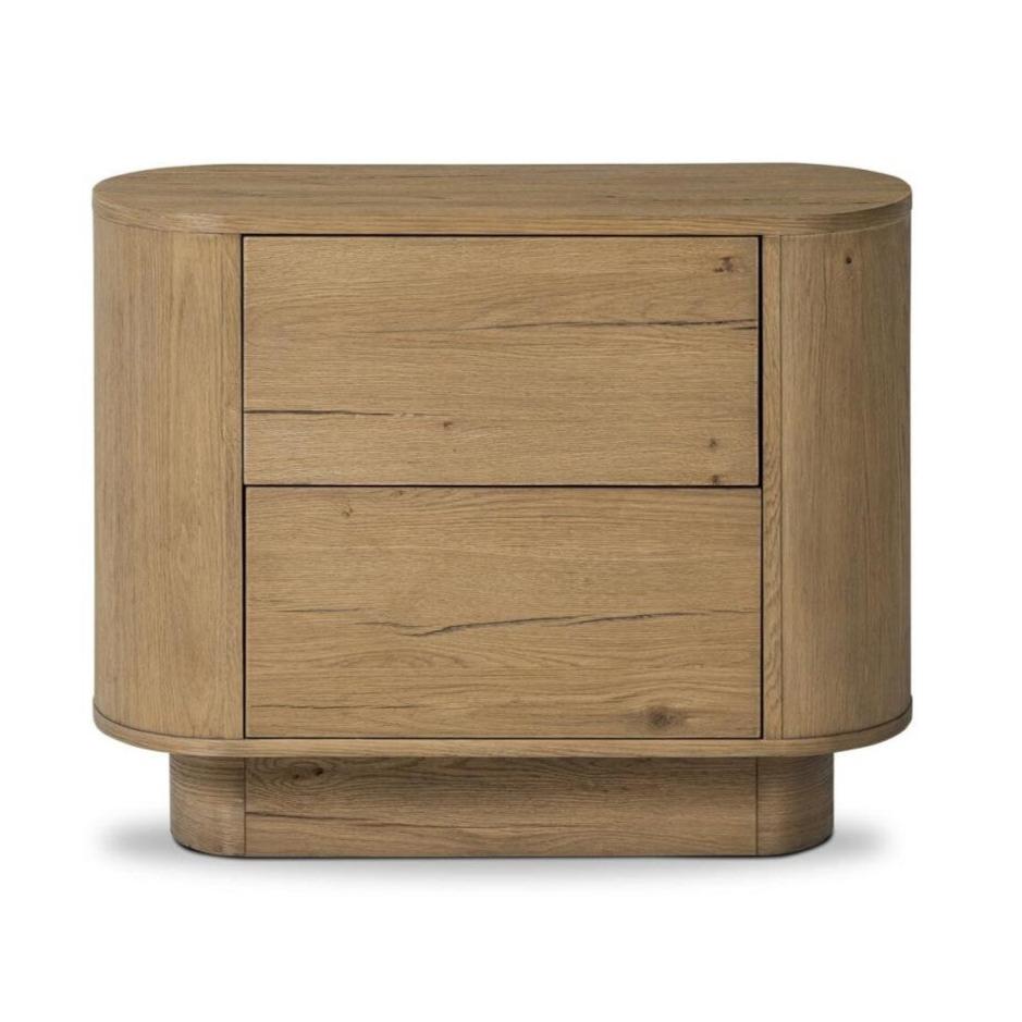 Curved Pedestal Two Drawer Nightstand Rustic Worn Oak Wood 32 inch