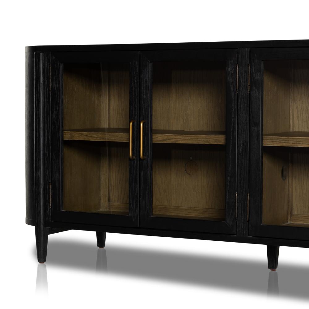 Curved Sideboard Drifted Matte Black Finish Solid Oak 82 inch