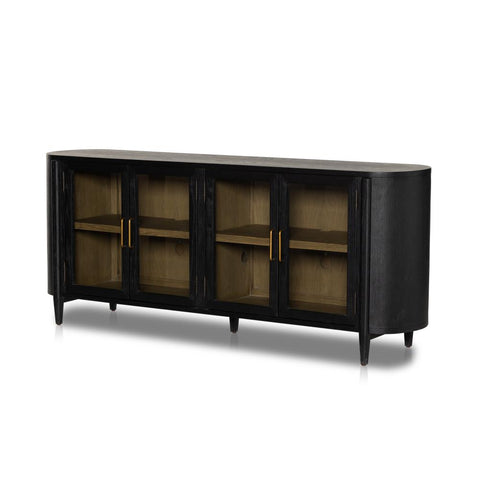 Curved Sideboard Drifted Matte Black Finish Solid Oak 82 inch