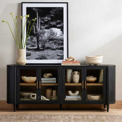 Curved Sideboard Drifted Matte Black Finish Solid Oak 82 inch