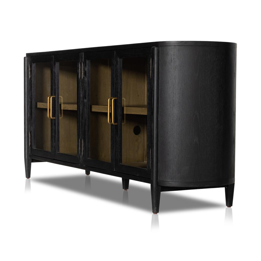 Curved Sideboard Drifted Matte Black Finish Solid Oak 82 inch