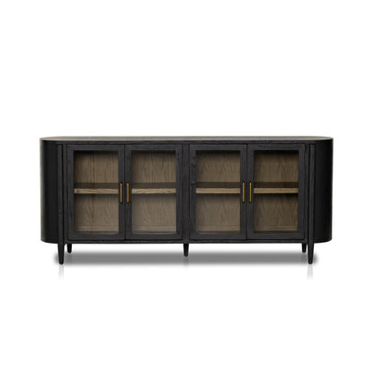 Curved Sideboard Drifted Matte Black Finish Solid Oak 82 inch