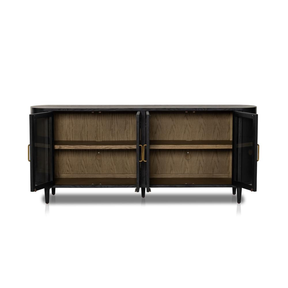 Curved Sideboard Drifted Matte Black Finish Solid Oak 82 inch