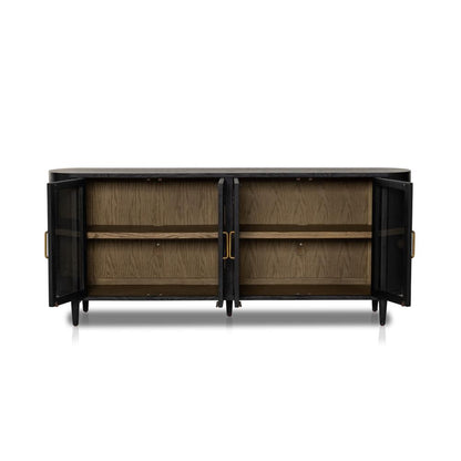 Curved Sideboard Drifted Matte Black Finish Solid Oak 82 inch