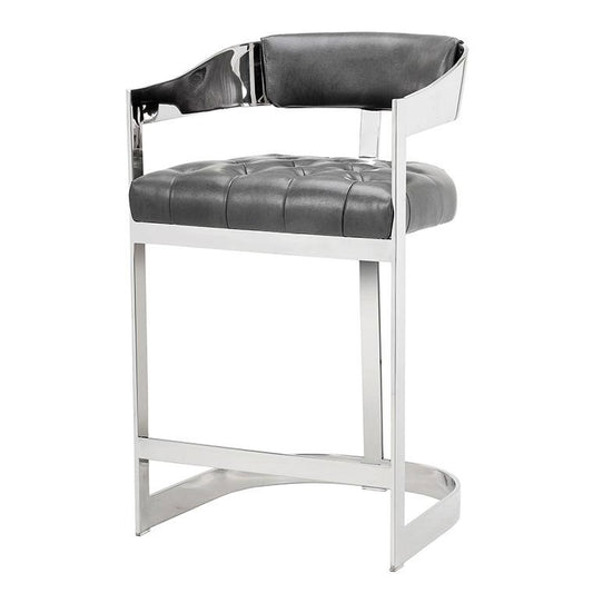 Curved T-Back Counter Height Bar Stool Stainless Steel & Gray Bonded Leather