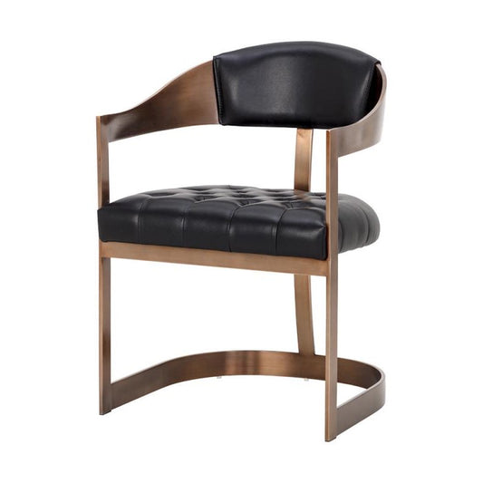 Curved T-Back Dining Chair Antique Brass & Black Bonded Leather Armchair