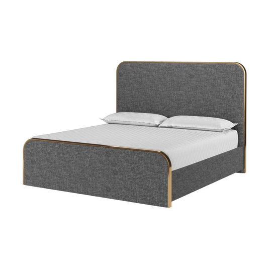 Curved Upholstered Grey Fabric & Brushed Gold Metal King Bed Frame