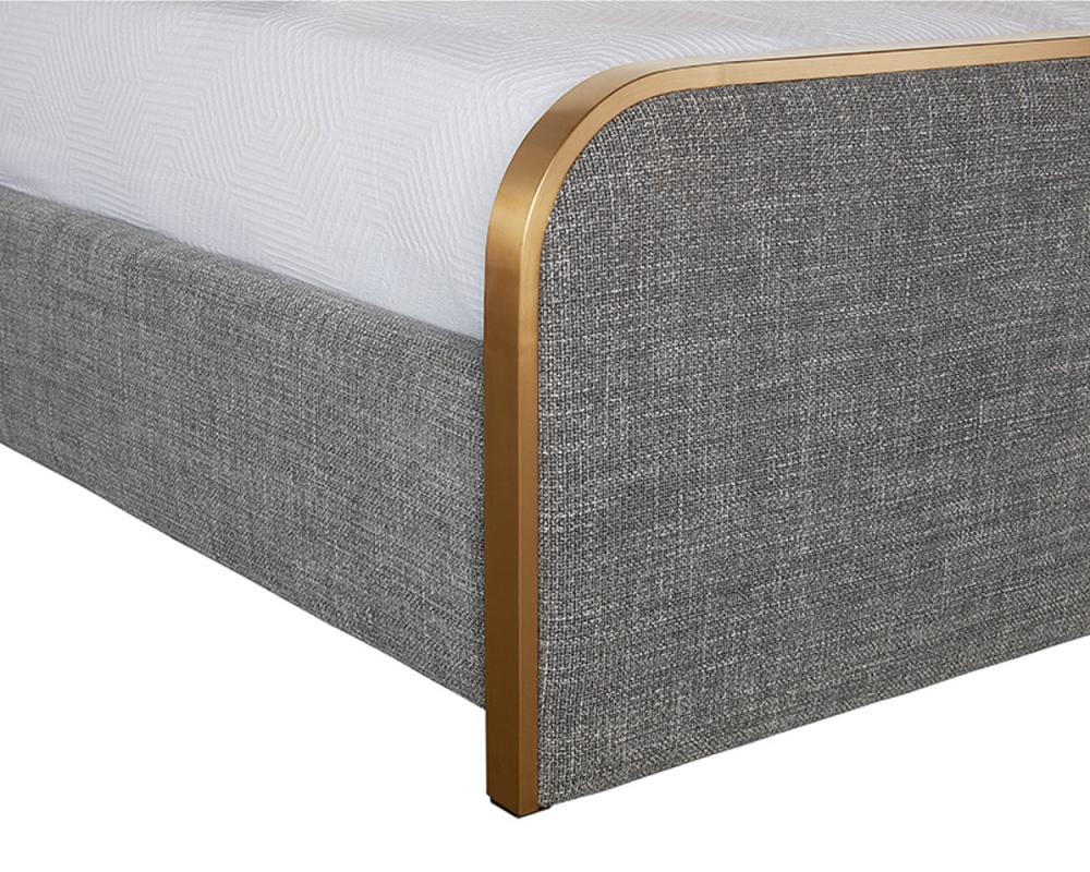 Curved Upholstered Grey Fabric & Brushed Gold Metal Queen Bed Frame