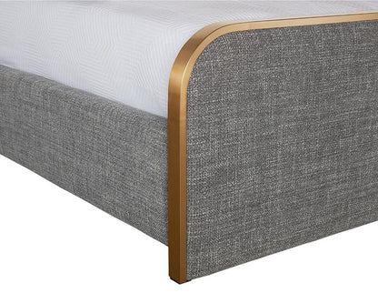 Curved Upholstered Grey Fabric & Brushed Gold Metal Queen Bed Frame