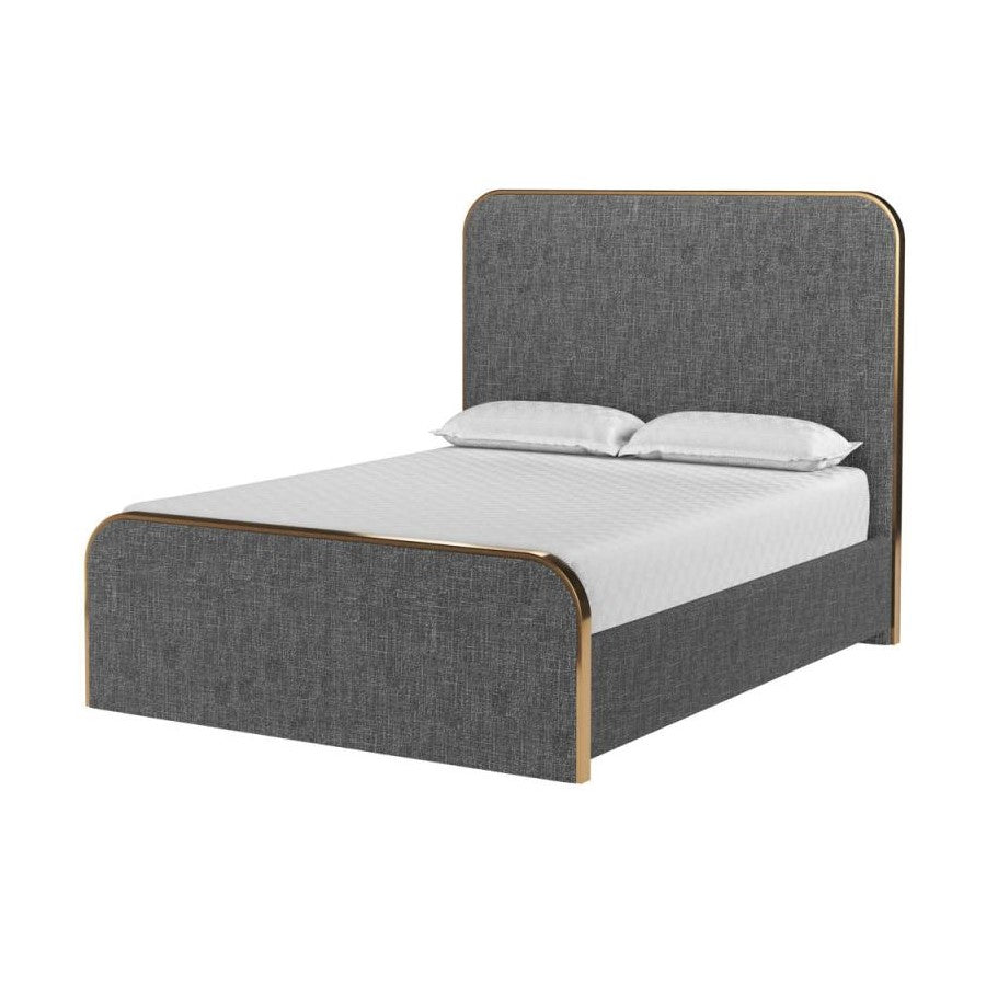 Curved Upholstered Grey Fabric & Brushed Gold Metal Queen Bed Frame