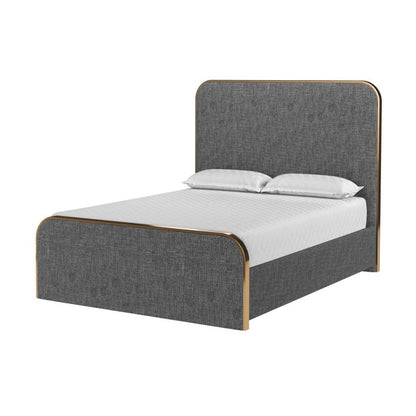 Curved Upholstered Grey Fabric & Brushed Gold Metal Queen Bed Frame