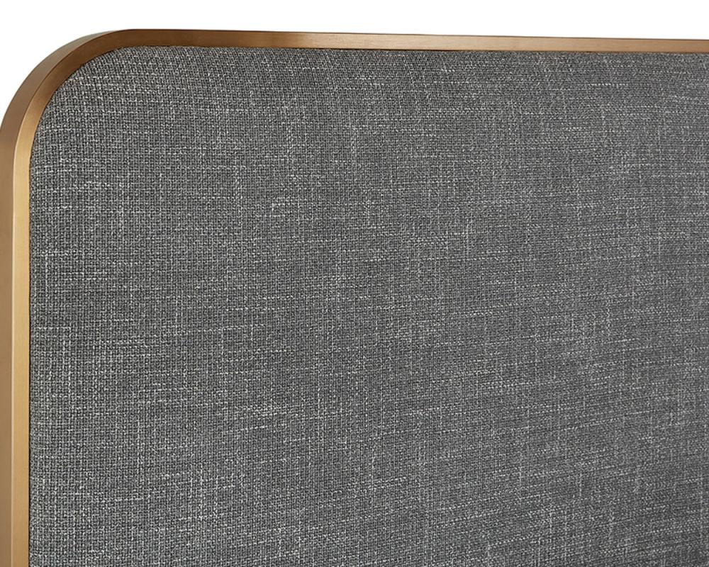 Curved Upholstered Grey Fabric & Brushed Gold Metal Queen Bed Frame