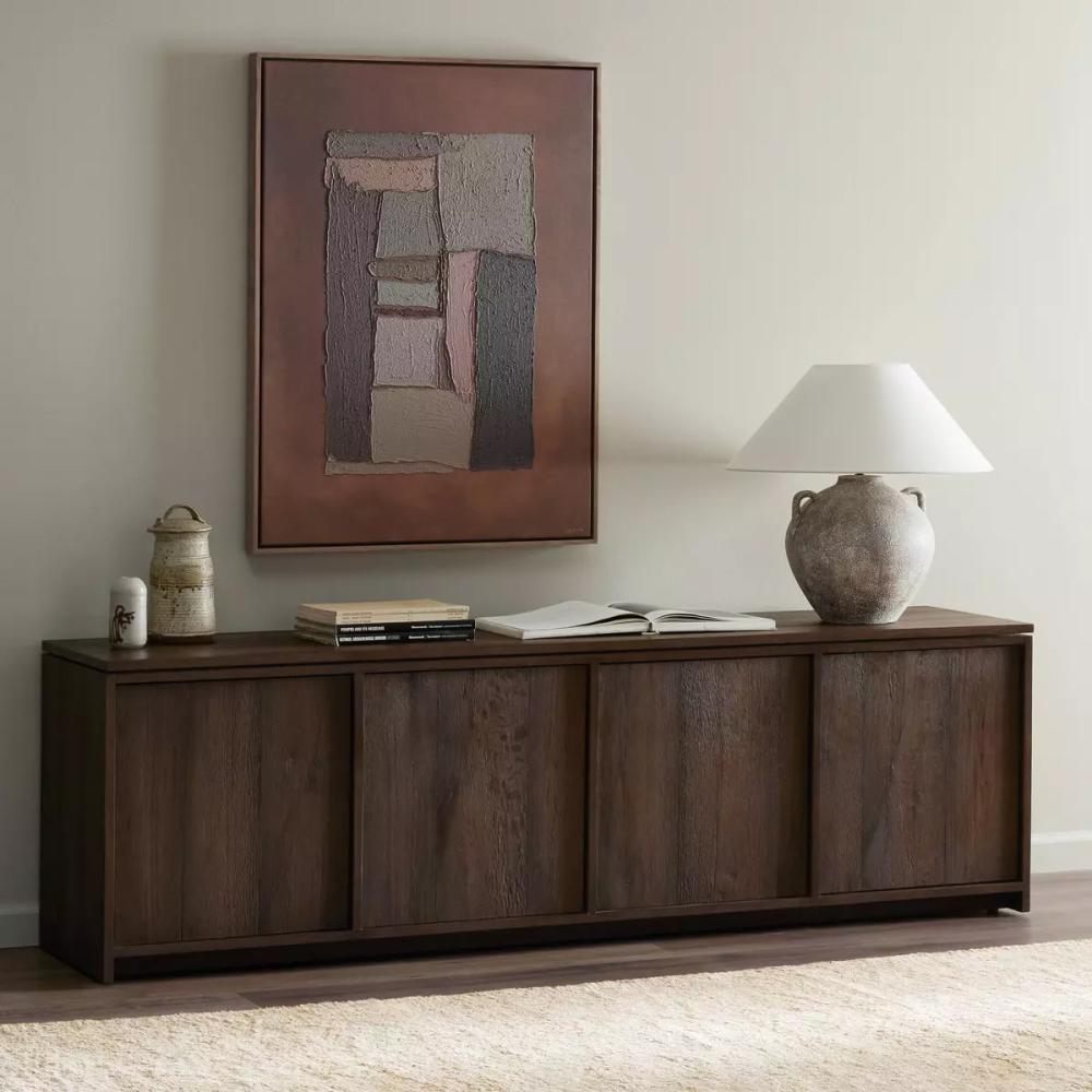 Dark Brown Grey Oak Wood Media Console Storage Cabinet 78 inch