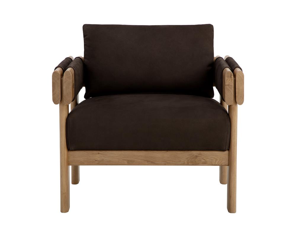 Dark Brown Nubuck Leather & Oak Wood Lounge Chair Armchair