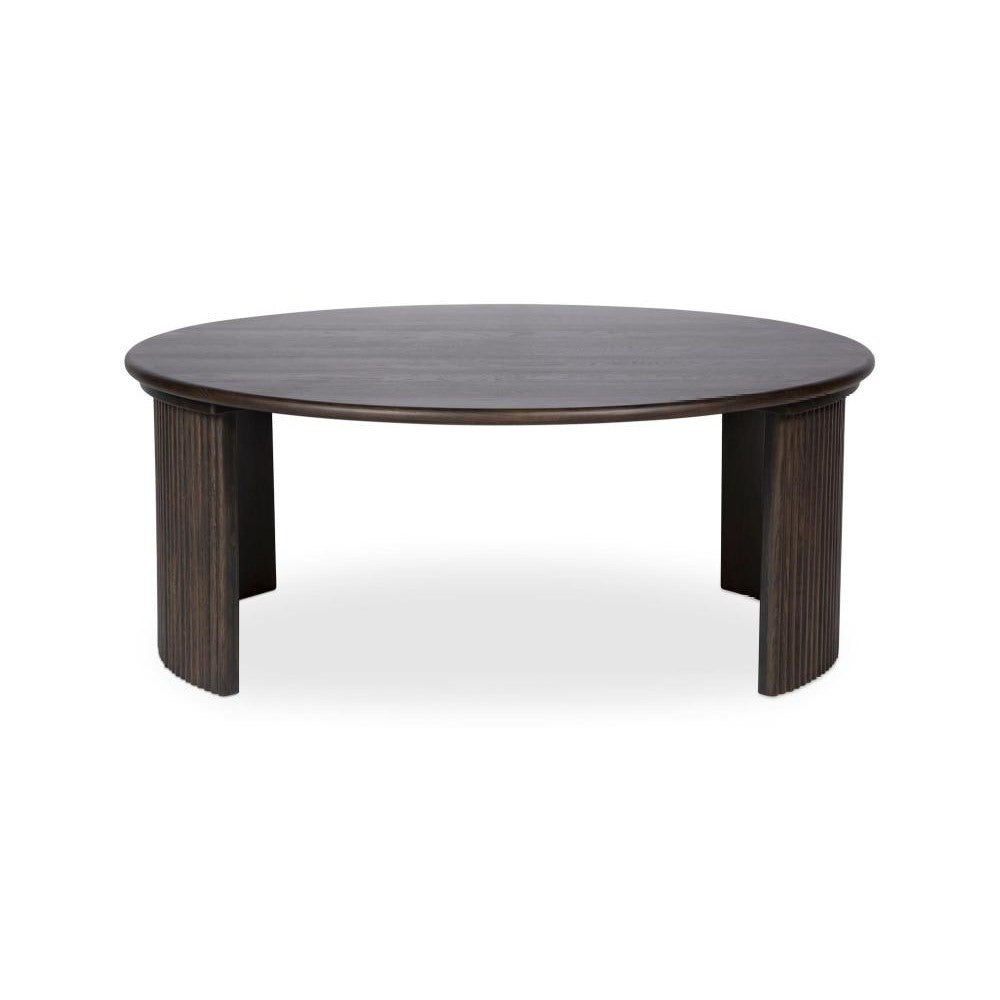 Dark Brown Oak Wood Reeded Open Base Round Coffee Table 39 inch