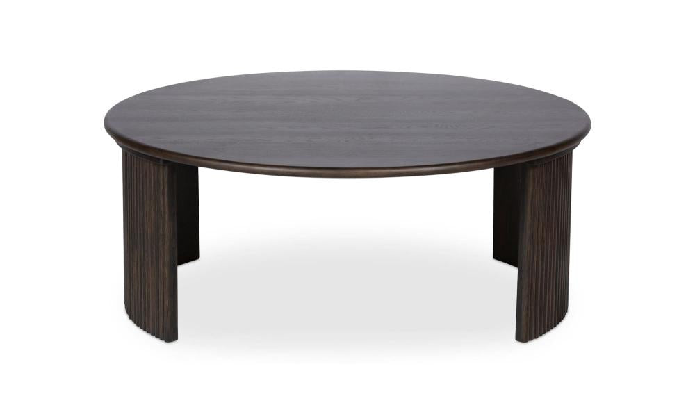 Dark Brown Oak Wood Reeded Open Base Round Coffee Table 39 inch