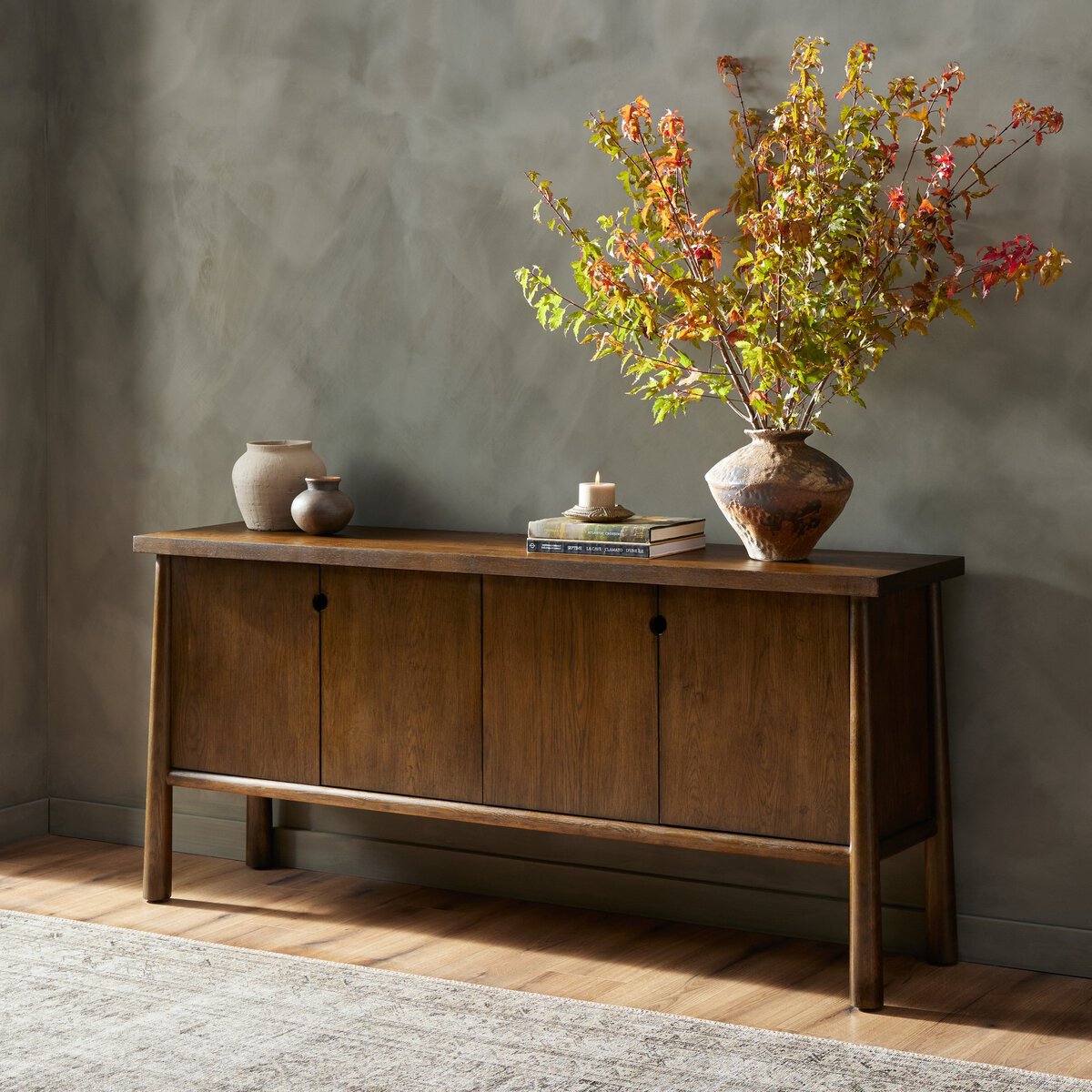 Dark Brown Solid Oak Wood Sideboard Media Cabinet 72 inch