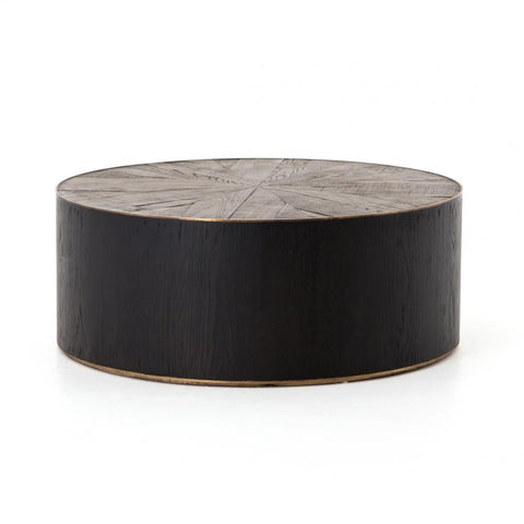 Dark Brown Starbust Oak Wood Top & Ebony Base Round Coffee Table 40 inch