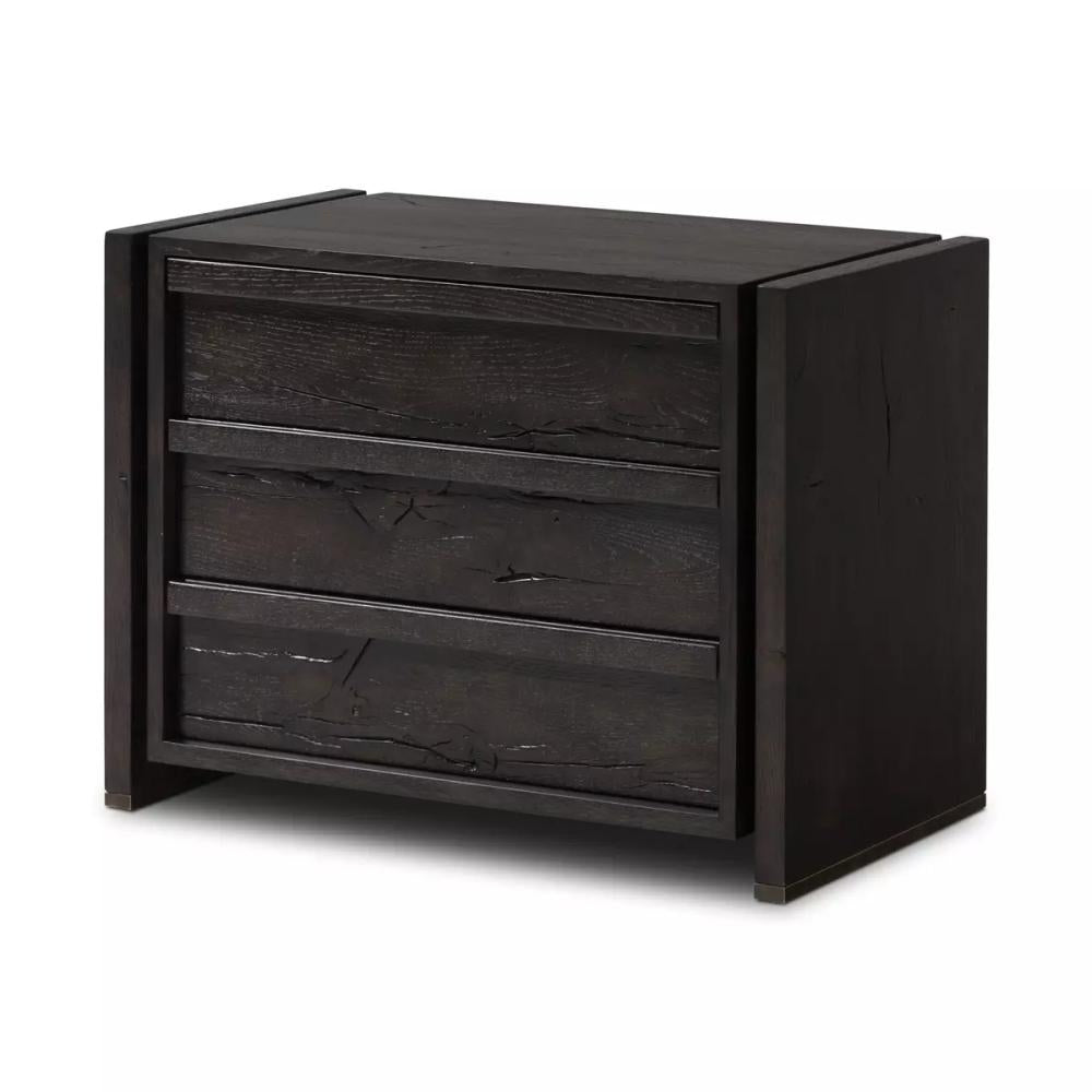 Dark Espresso Brown Reclaimed French Oak Wood 3 Drawer Nightstand 30 inch